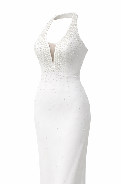 Abendkleid mit Neckholder und Perlenverzierungen